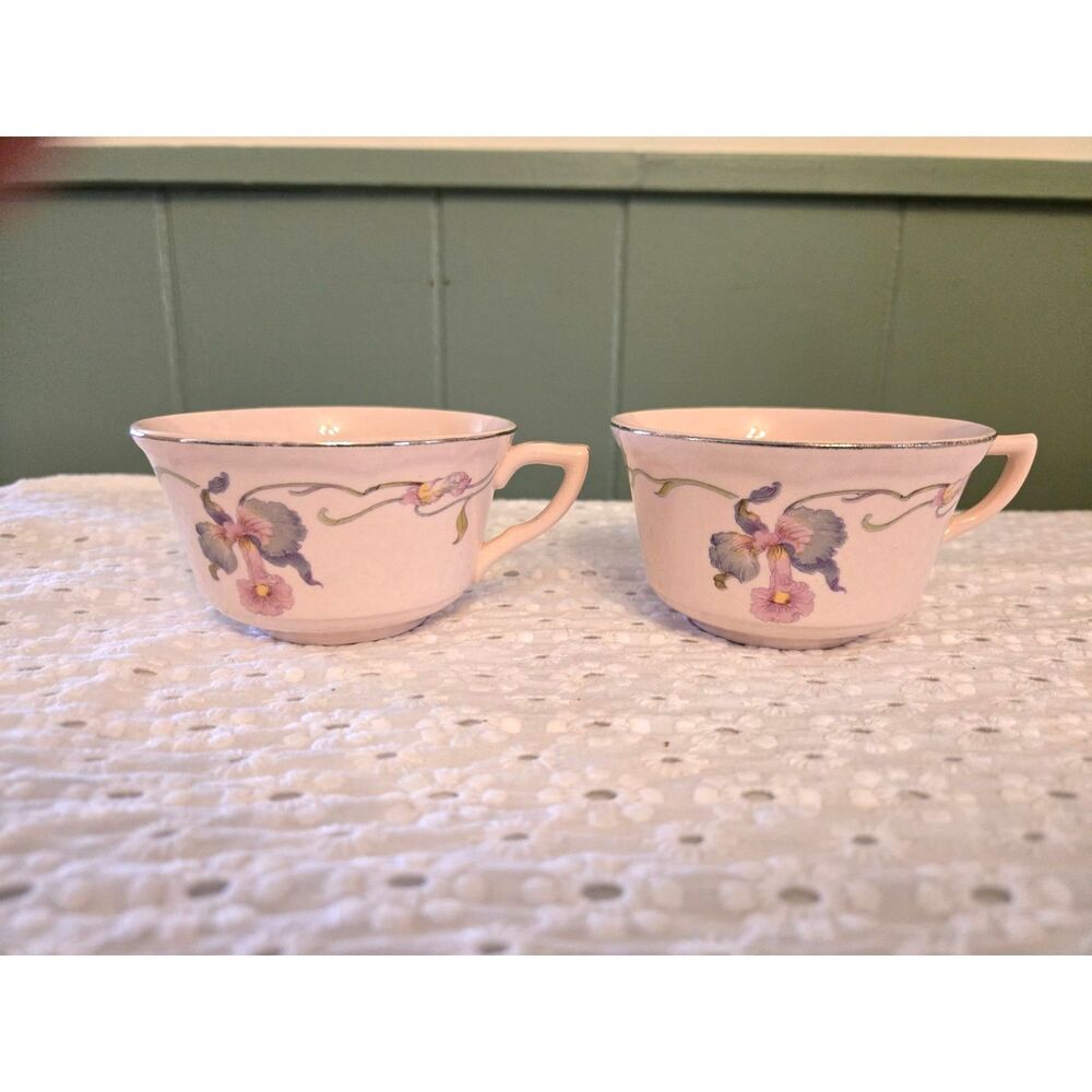 Antique Silver Moon Pink Background by Limoges-American Mugs Lot of 2